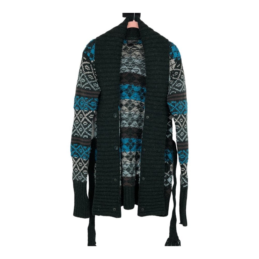 Peak Performance Blue Grey Multicolor Argyle Sweater Cardigan waist tie size M